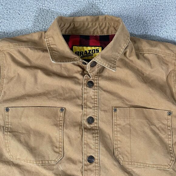 Brazos Work Force Jacket Mens Medium Beige Red Flannel Lined Canvas Work Wear - Picture 2 of 13